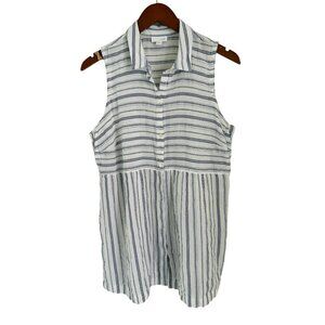 J.Jill Sleeveless White & Blue Striped Cotton-Linen Button-Down Top M